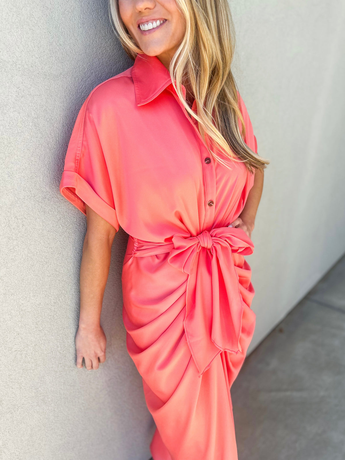 Beloved Gathered Button Down Midi Dress (Neon Coral)