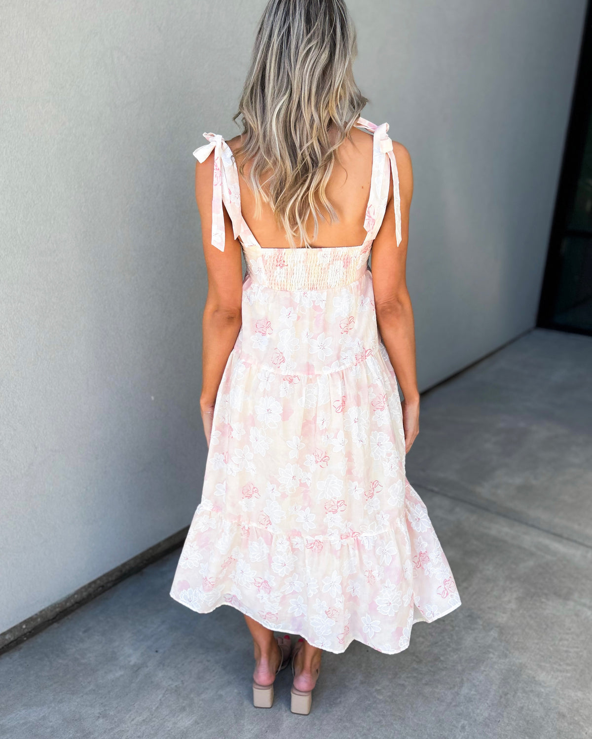 Cara Floral Shoulder Tie Textured Cotton Midi Dress