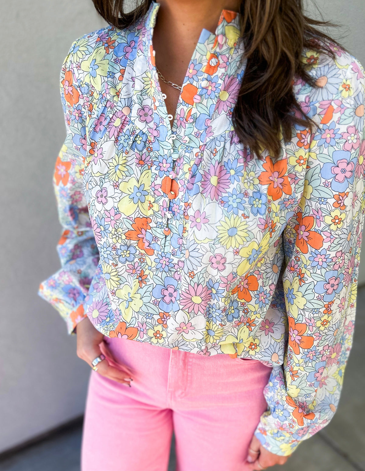 Dani Pintuck Floral Button Up Cotton Top