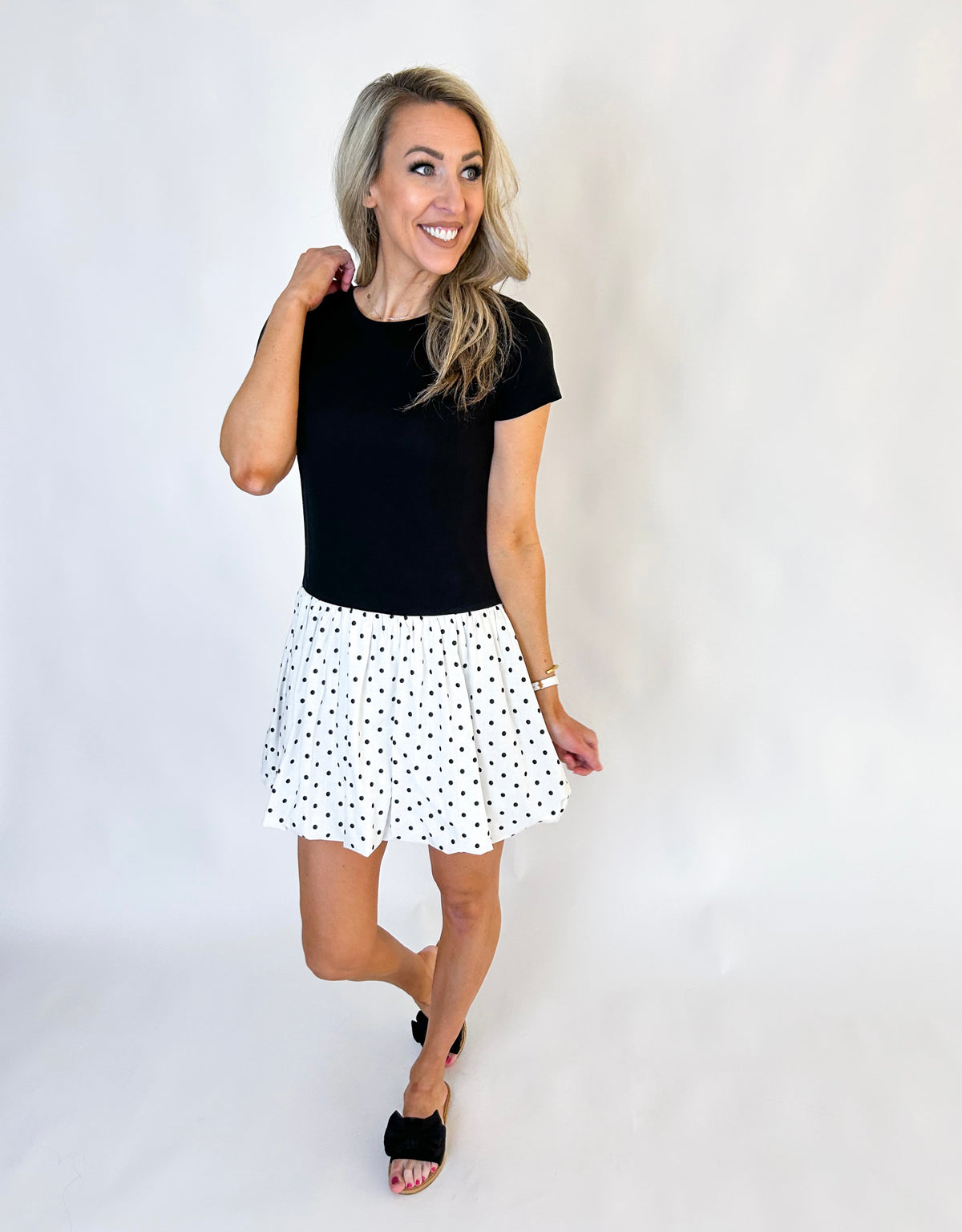 Kaytlin Solid Combo Polka Dot Bubble Hem Mini Dress