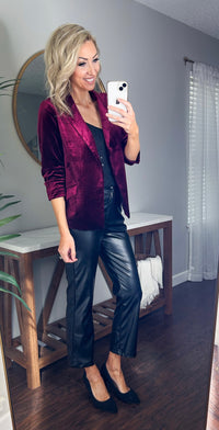 She Knows It Velvet Rouched Sleeve Blazer (Burgundy)