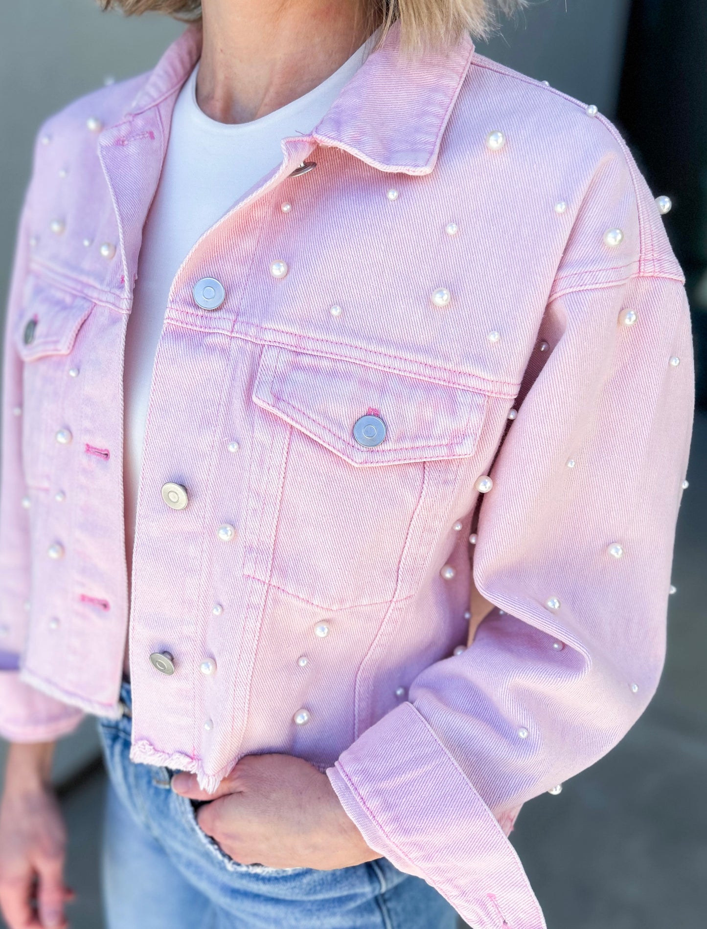 Pearl Washed Pink Oversized Denim Jacket (Light Pink)