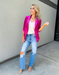 She Knows It Velvet Rouched Sleeve Blazer (Magenta)