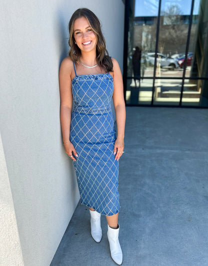 Lara Rhinestone Denim Midi Dress