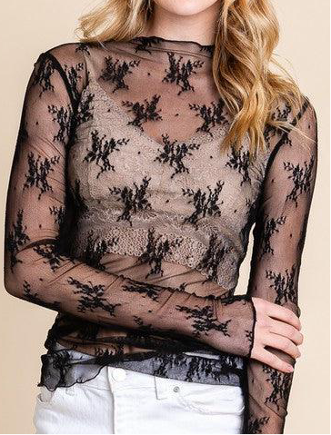 Christa Floral Lace Long Sleeve Top (Black)