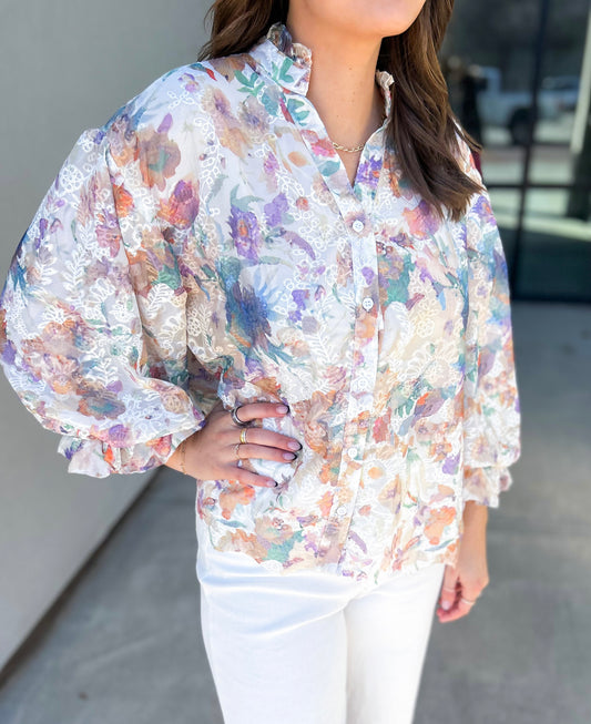 Mandy Chiffon Embroidered Bubble Sleeve Button Down Oversized Top