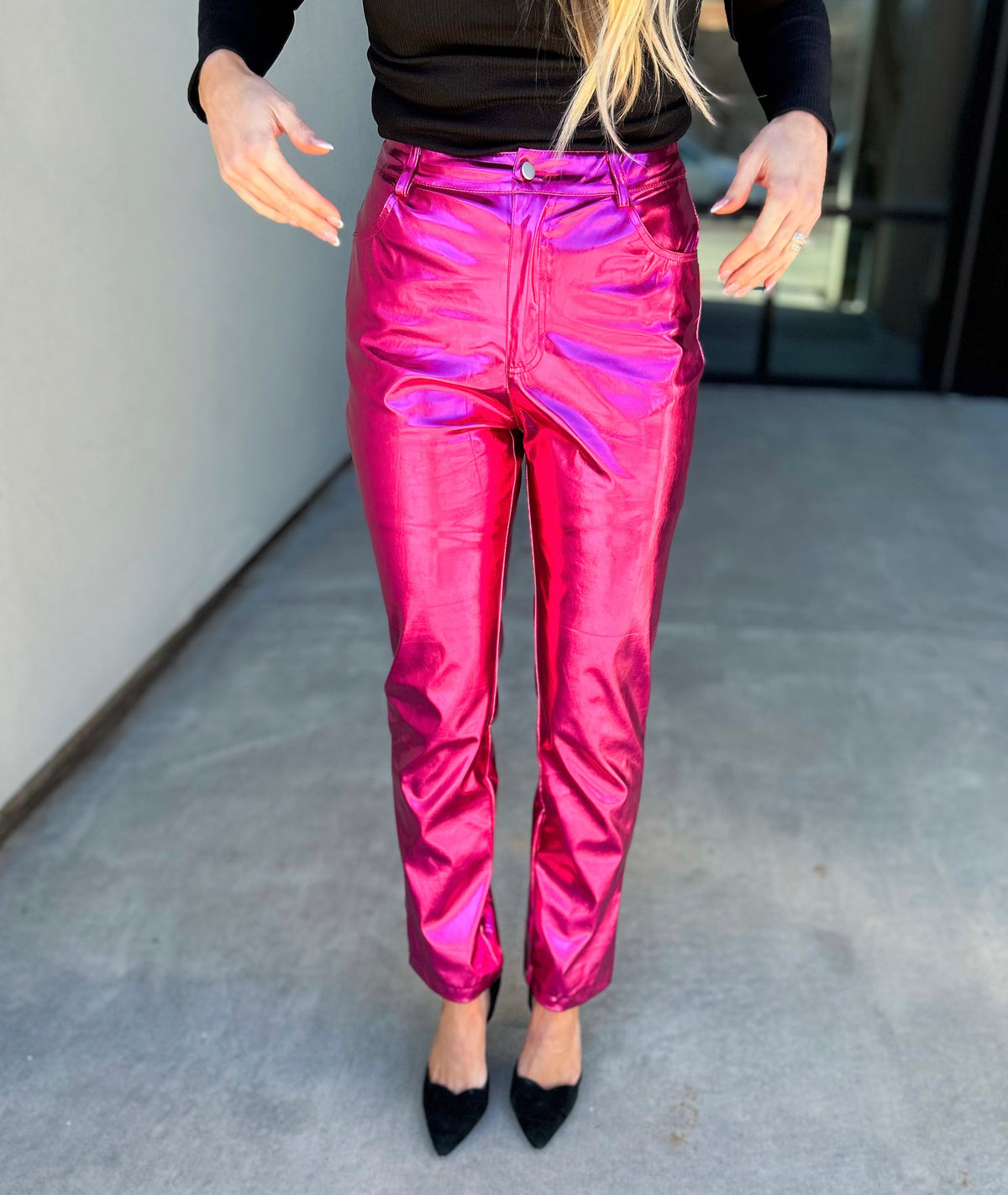 Jenner Metallic Stretch Faux Leather Straight Leg Pants