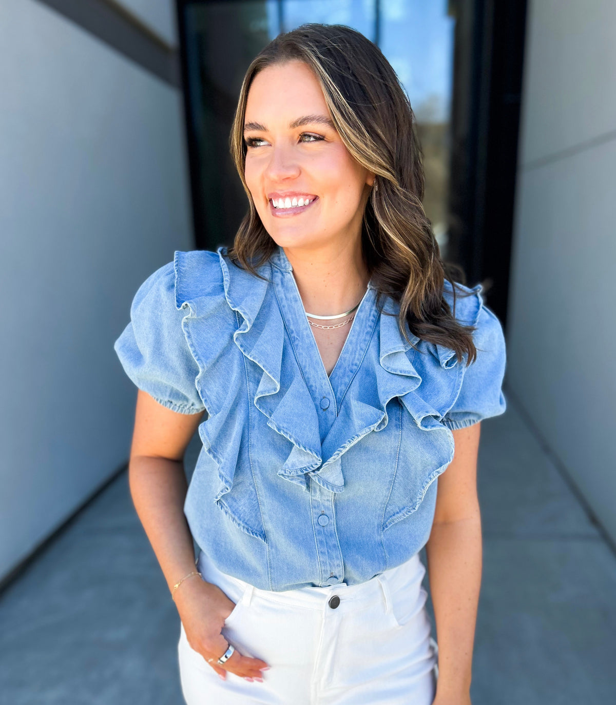 Franny Ruffle Button Down Denim Top