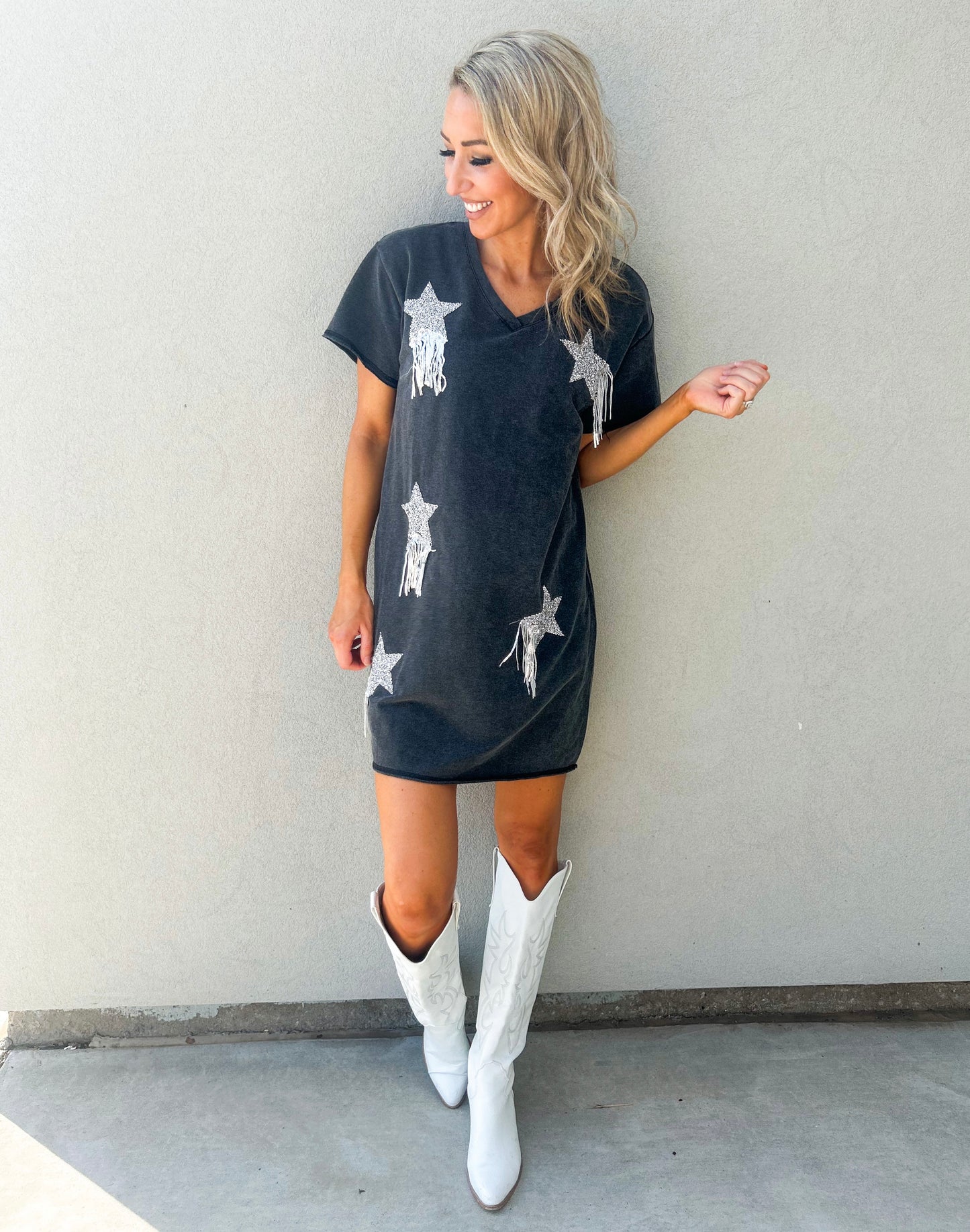 Falling Star Rhinestone Fringe T-Shirt Dress