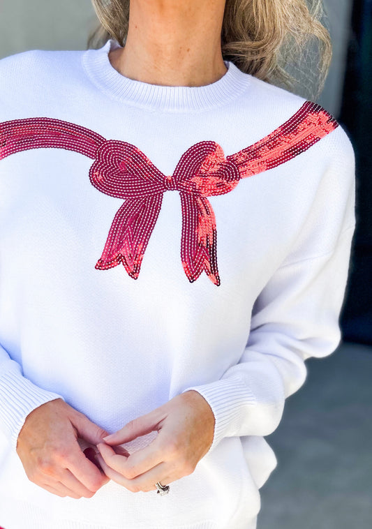 Gift Bow Sequin Trim Sweater