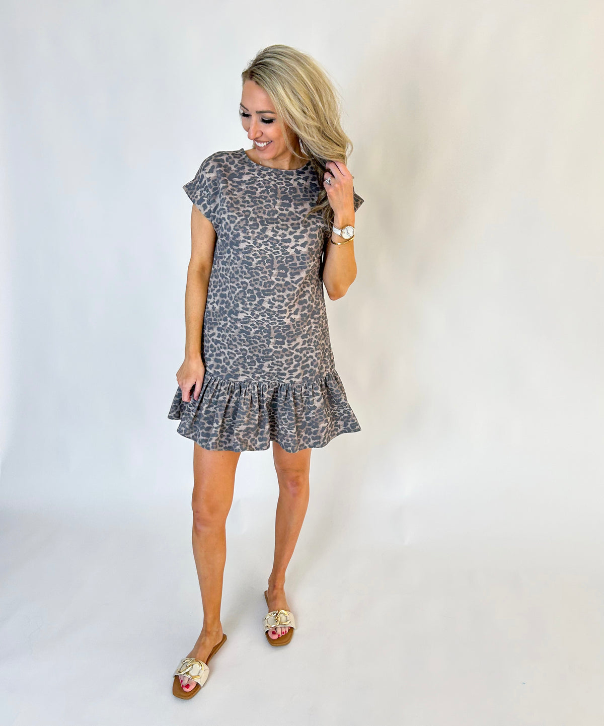 Liz Buttons Down Back Leoaprd Denim Mini Dress