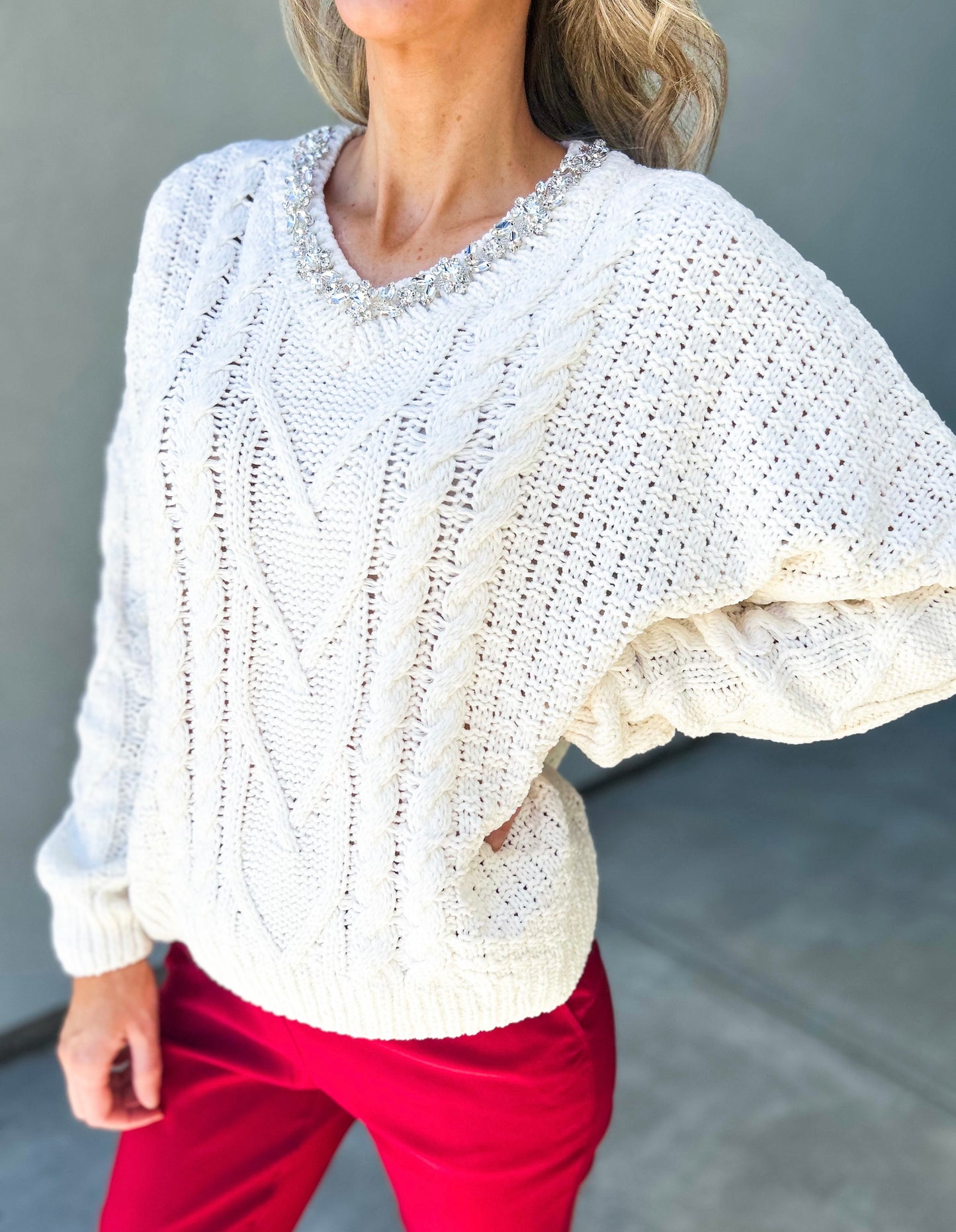 Jewel Embellished Cable Knit Sweater