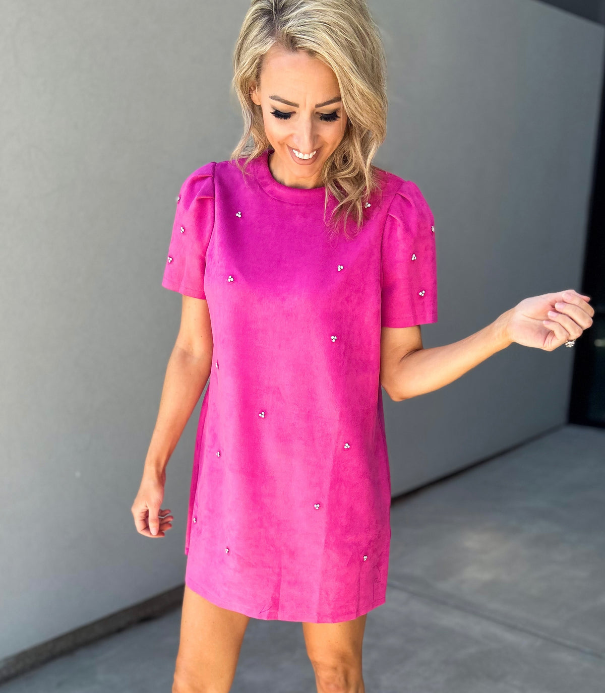 Jewel Embellished Puff Sleeve Shift Dress