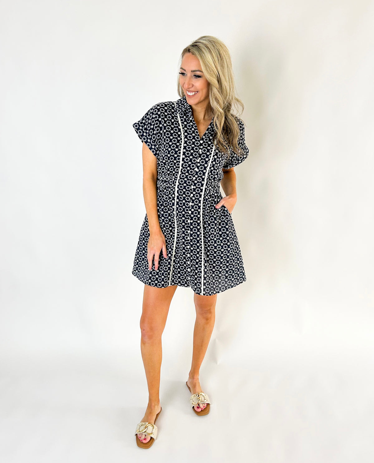 Zoe Embroidered Button Down Shirt Dress