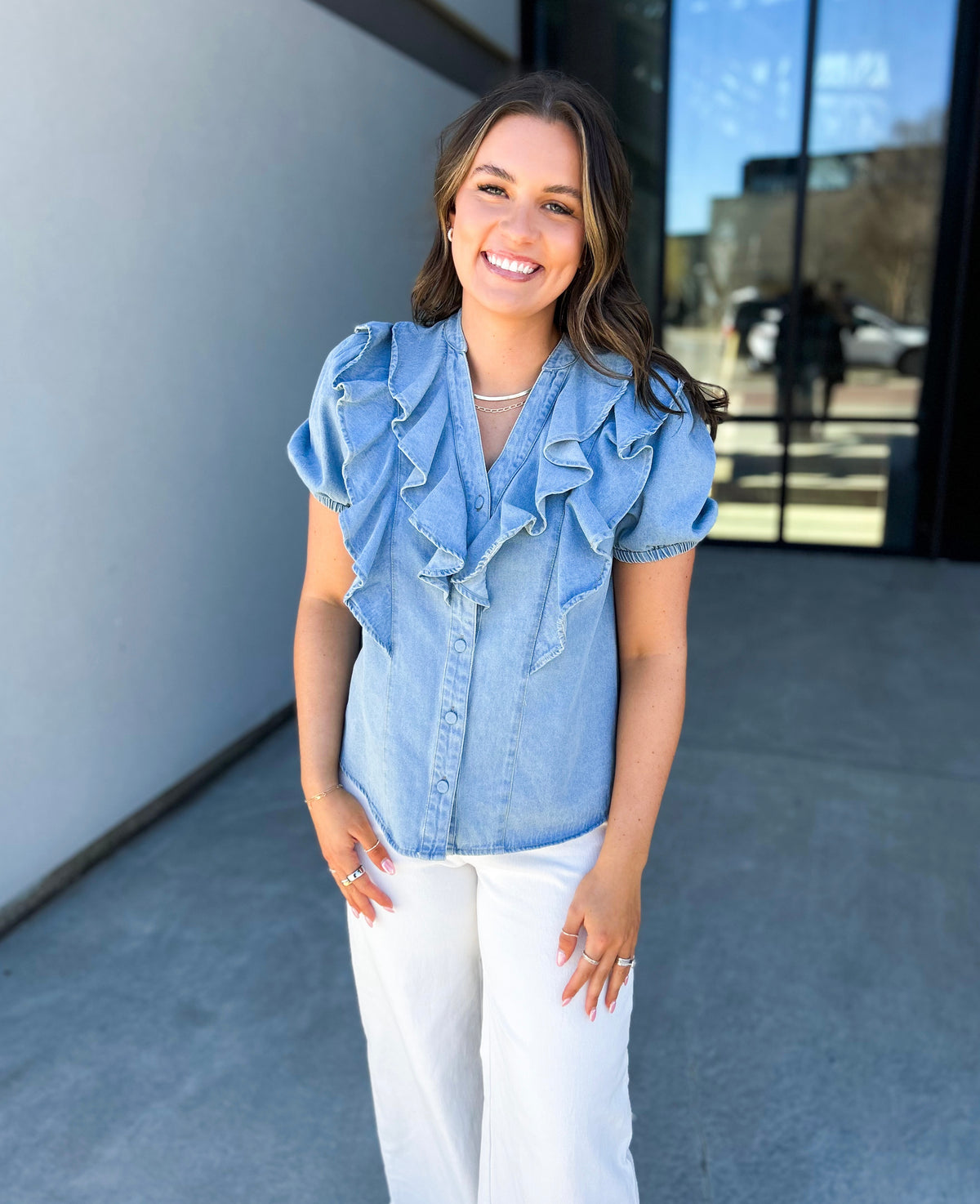 Franny Ruffle Button Down Denim Top