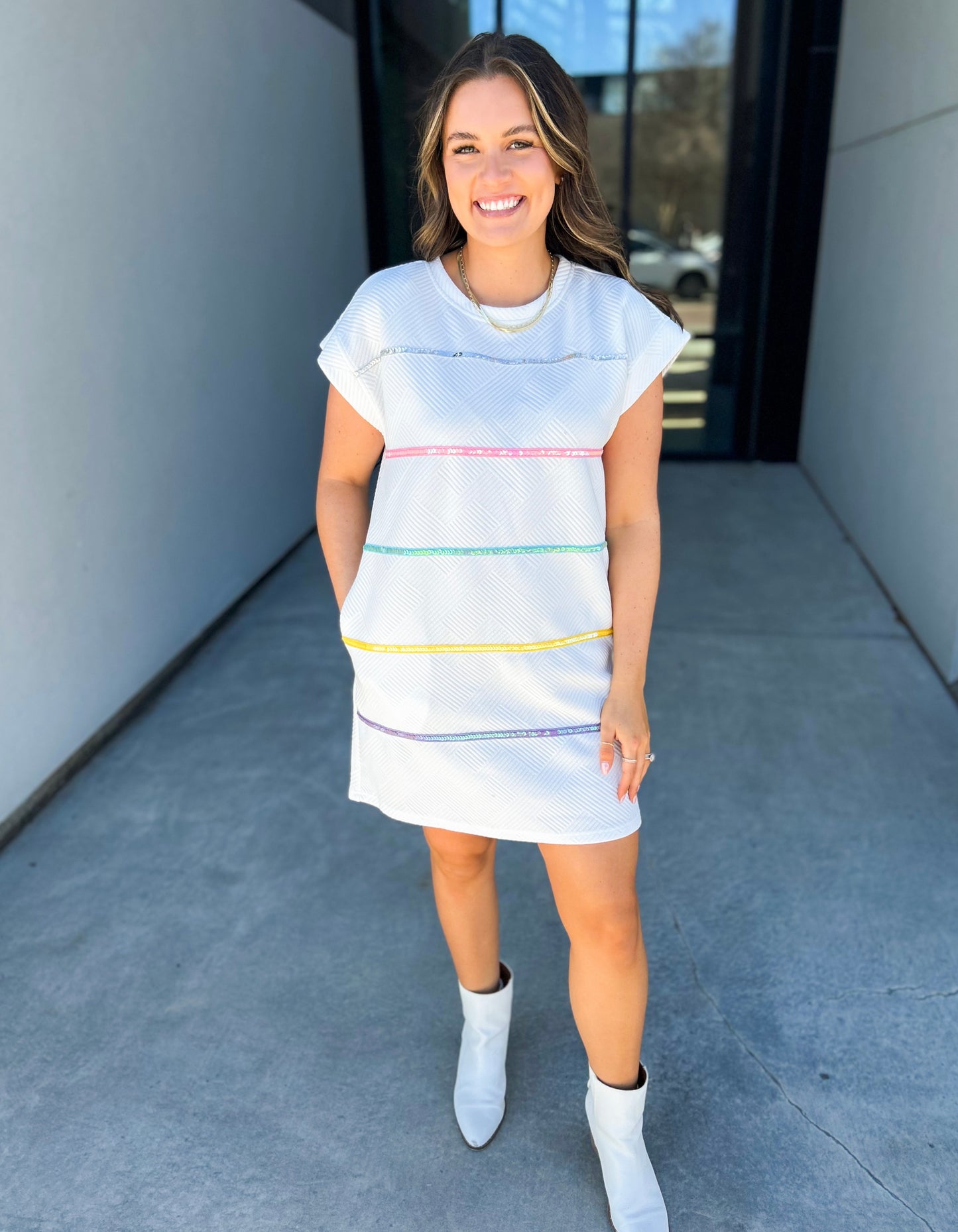 Ayana Rainbow Striped Textured Dress (White)