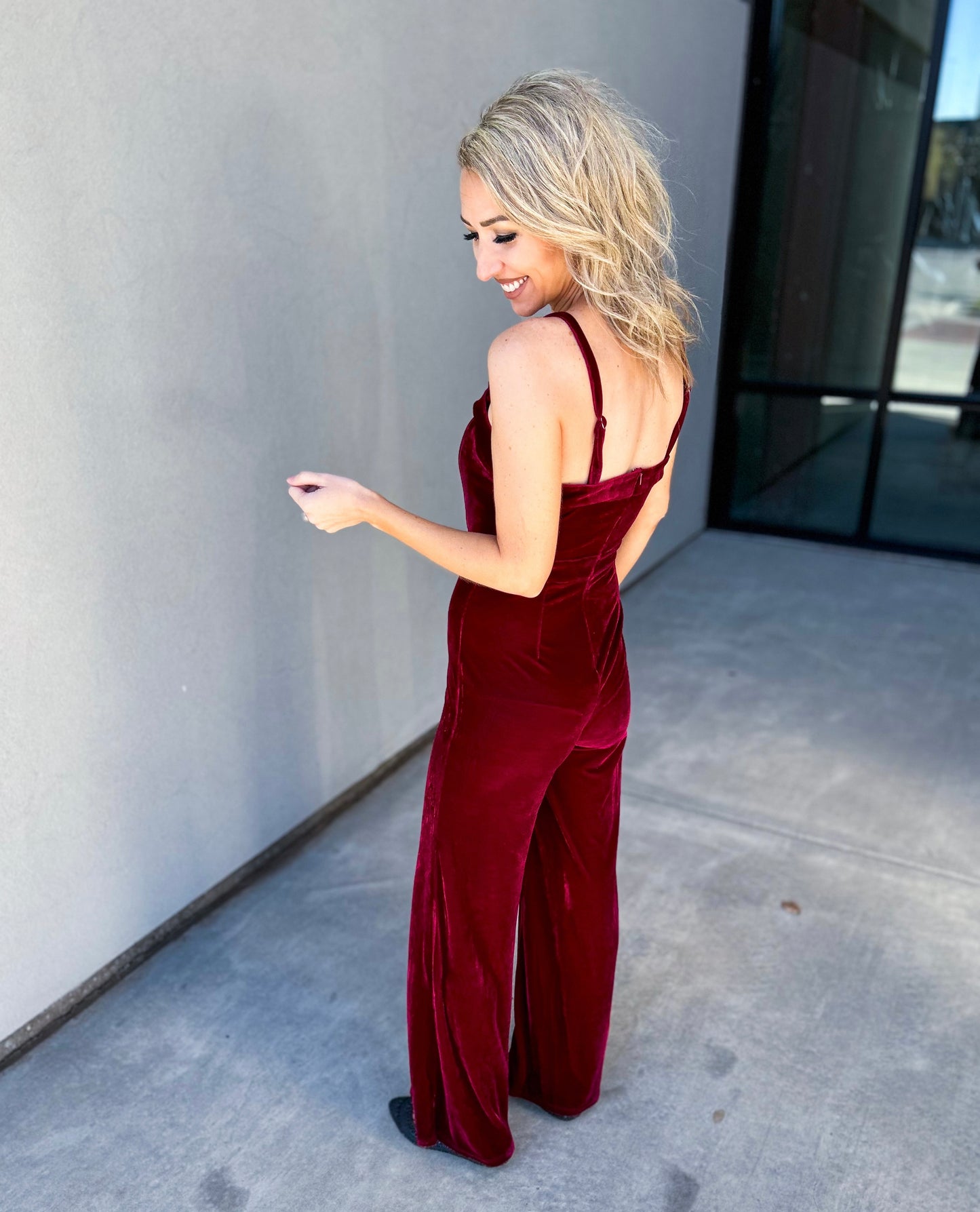 Eva "V" Neckline Velvet Wide Leg Jumpsuit