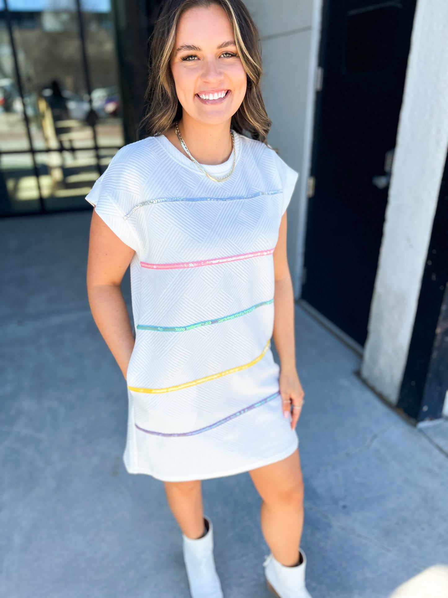Ayana Rainbow Striped Textured Dress (White)
