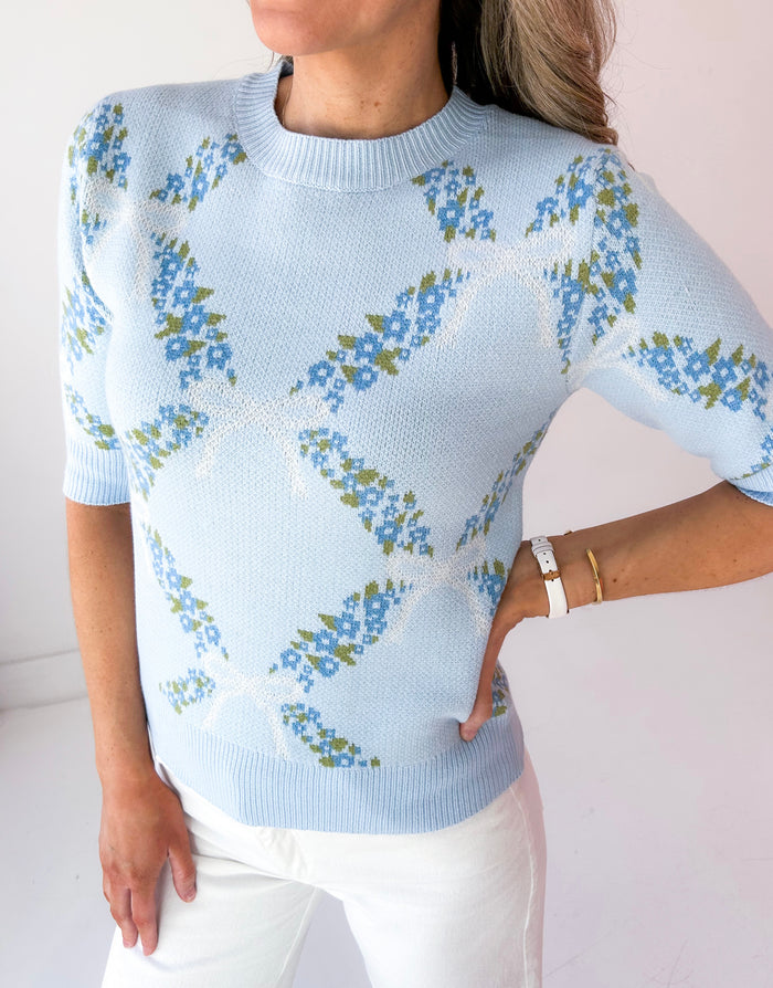 Floral Ribbon Print Bow Short Sleeve Sweater Top