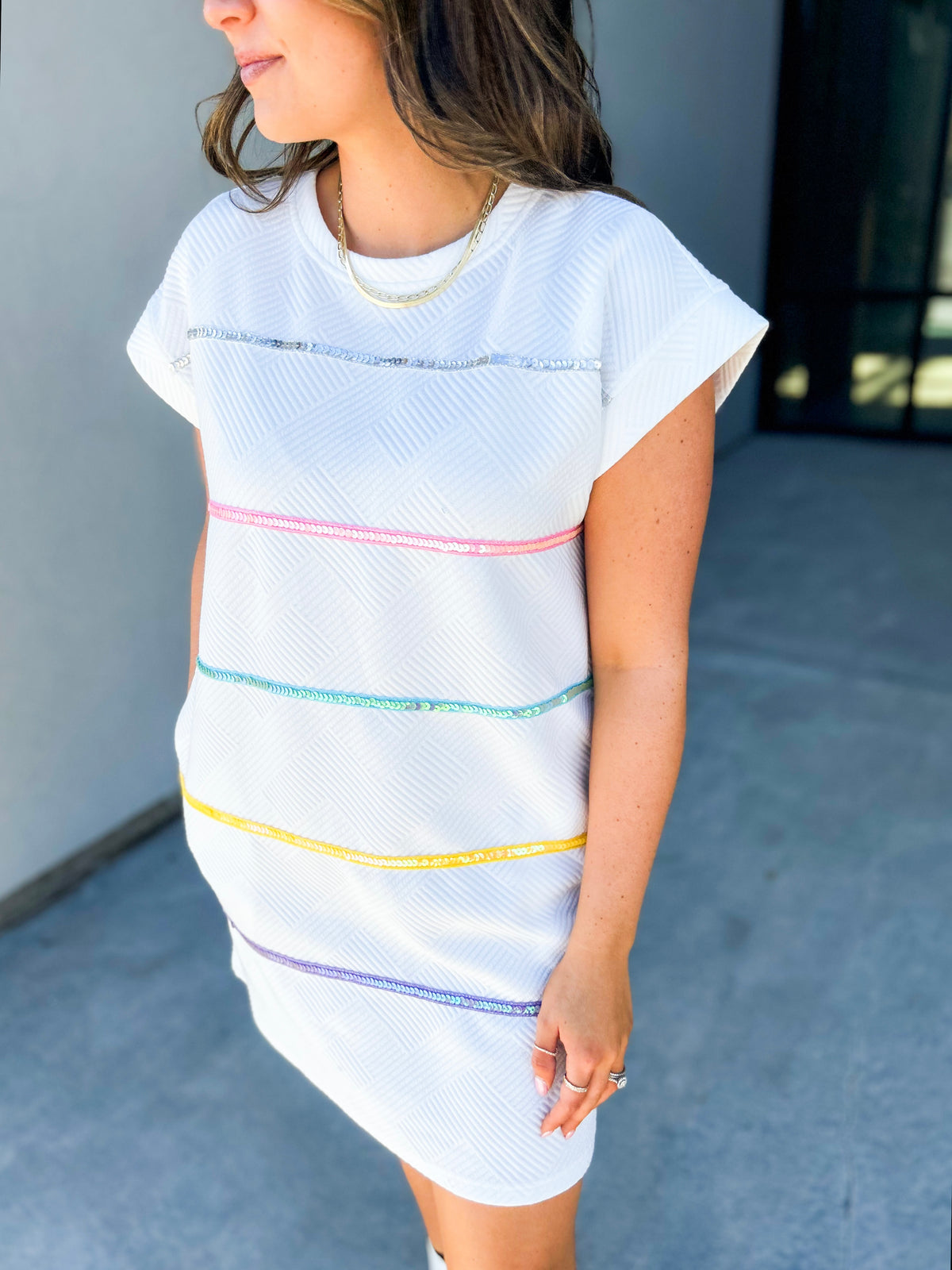 Ayana Rainbow Striped Textured Dress (White)