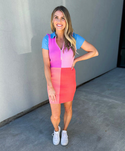 Lecroy Color Block Collared Ribbed Dress