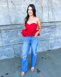 About Last Night Strapless Sweetheart Ruffle Hem Cropped Top