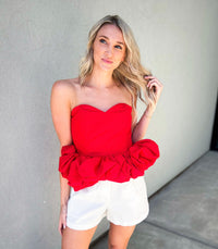 About Last Night Strapless Sweetheart Ruffle Hem Cropped Top