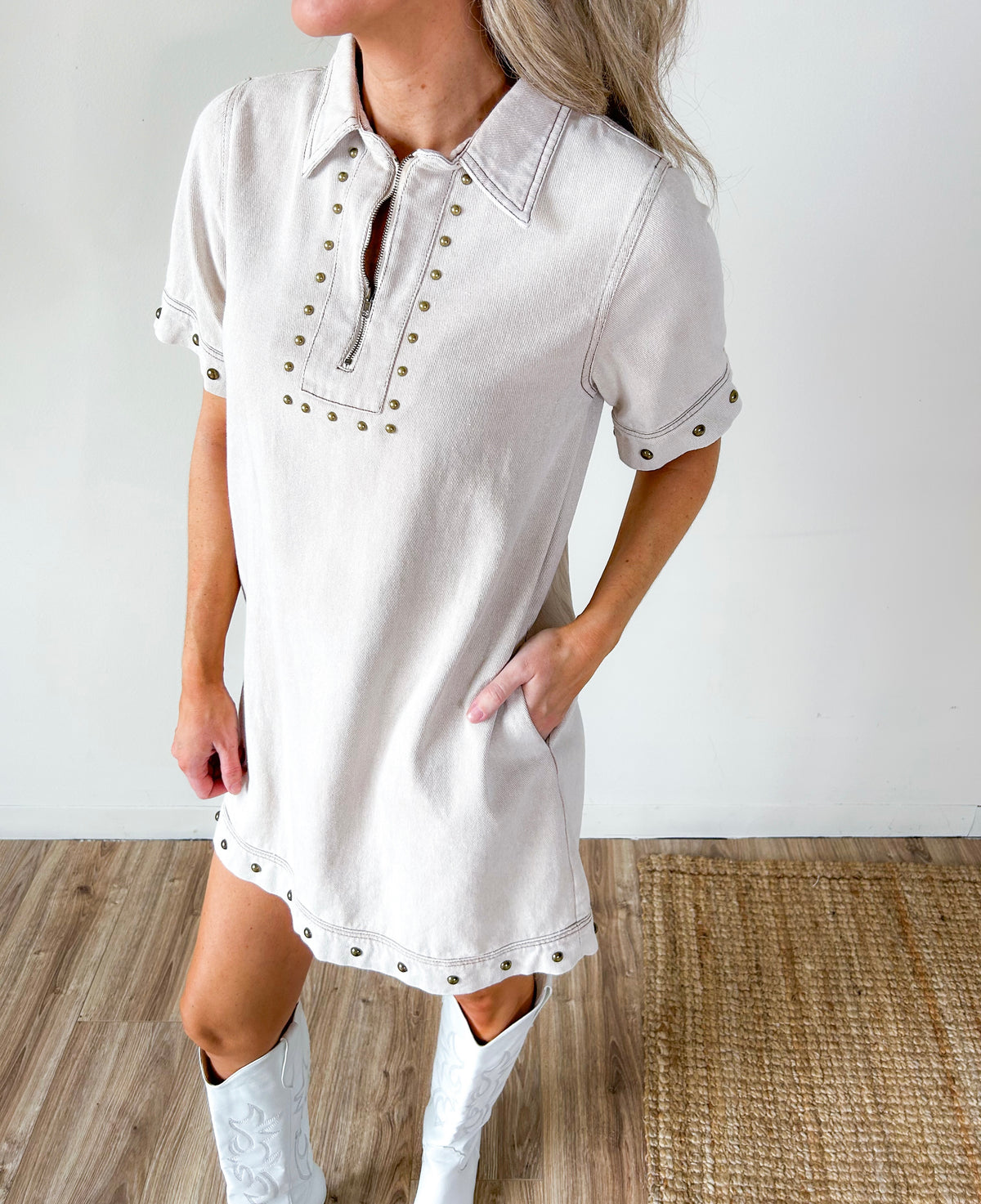 Kara Studded Washed Denim Mini Dress Kara Studded Washed Denim Mini Dress