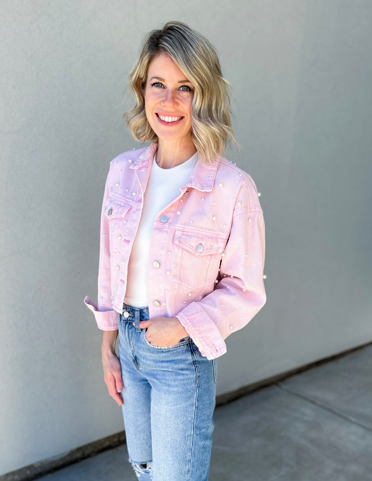 Pearl Washed Pink Oversized Denim Jacket (Light Pink)