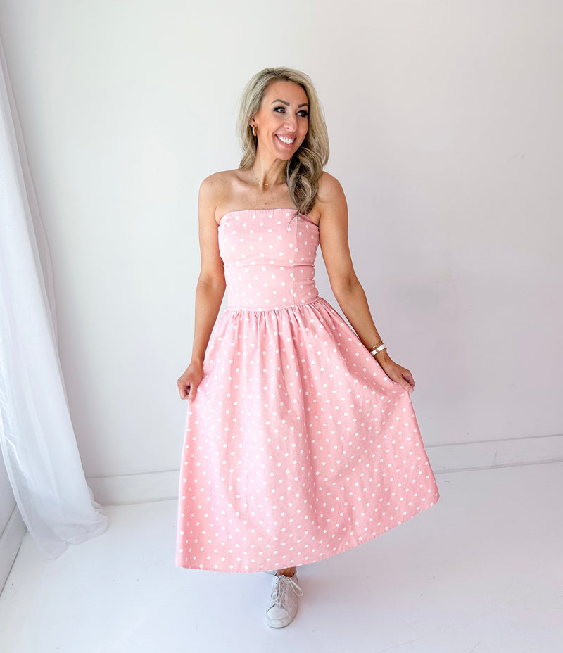 Sally Ann Strapless Stretch Denim Polka Dot Dress (Baby Pink)