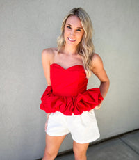 About Last Night Strapless Sweetheart Ruffle Hem Cropped Top