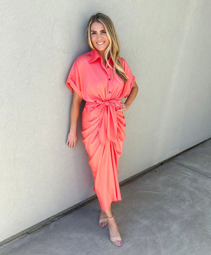 Beloved Gathered Button Down Midi Dress (Neon Coral) Beloved Gathered Button Down Midi Dress (Neon Coral)