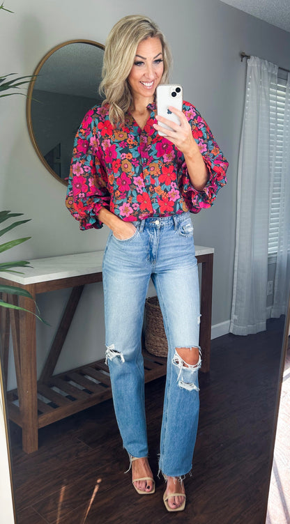 Mandy Bubble Sleeve Button Down Oversized Top (Multi)