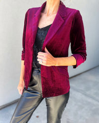 She Knows It Velvet Rouched Sleeve Blazer (Burgundy)