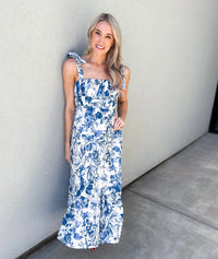 Porcelain Tie Shoulder Floral Midi Sun Dress