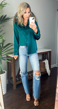 Selena Satin Button Down Top (Hunter Green)