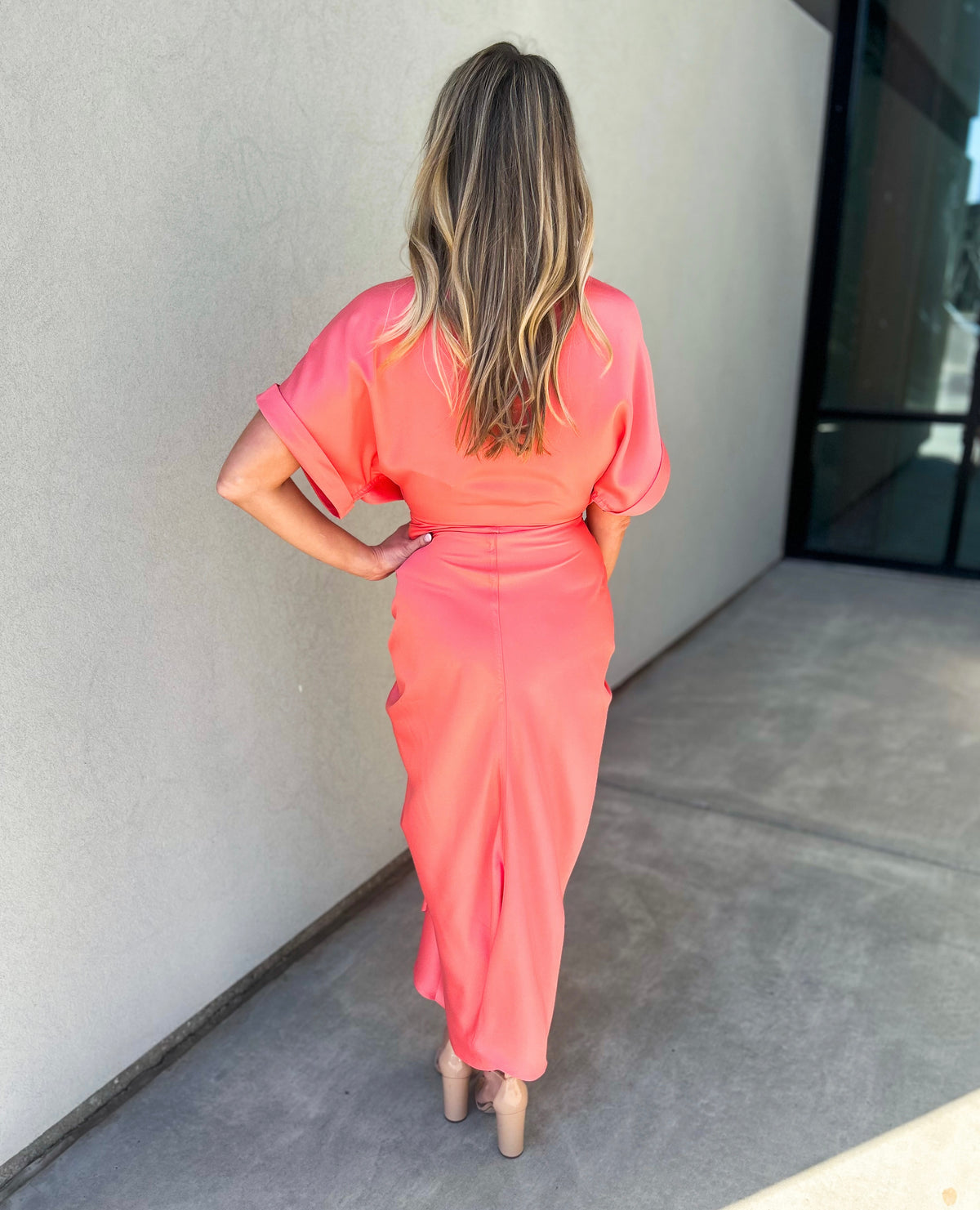 Beloved Gathered Button Down Midi Dress (Neon Coral)