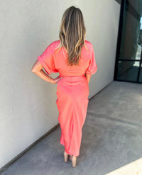 Beloved Gathered Button Down Midi Dress (Neon Coral)