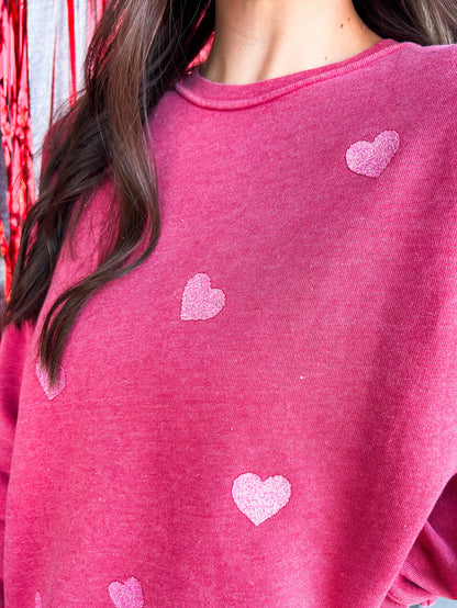 All Over Glitter Hearts Washed Sweatshirt