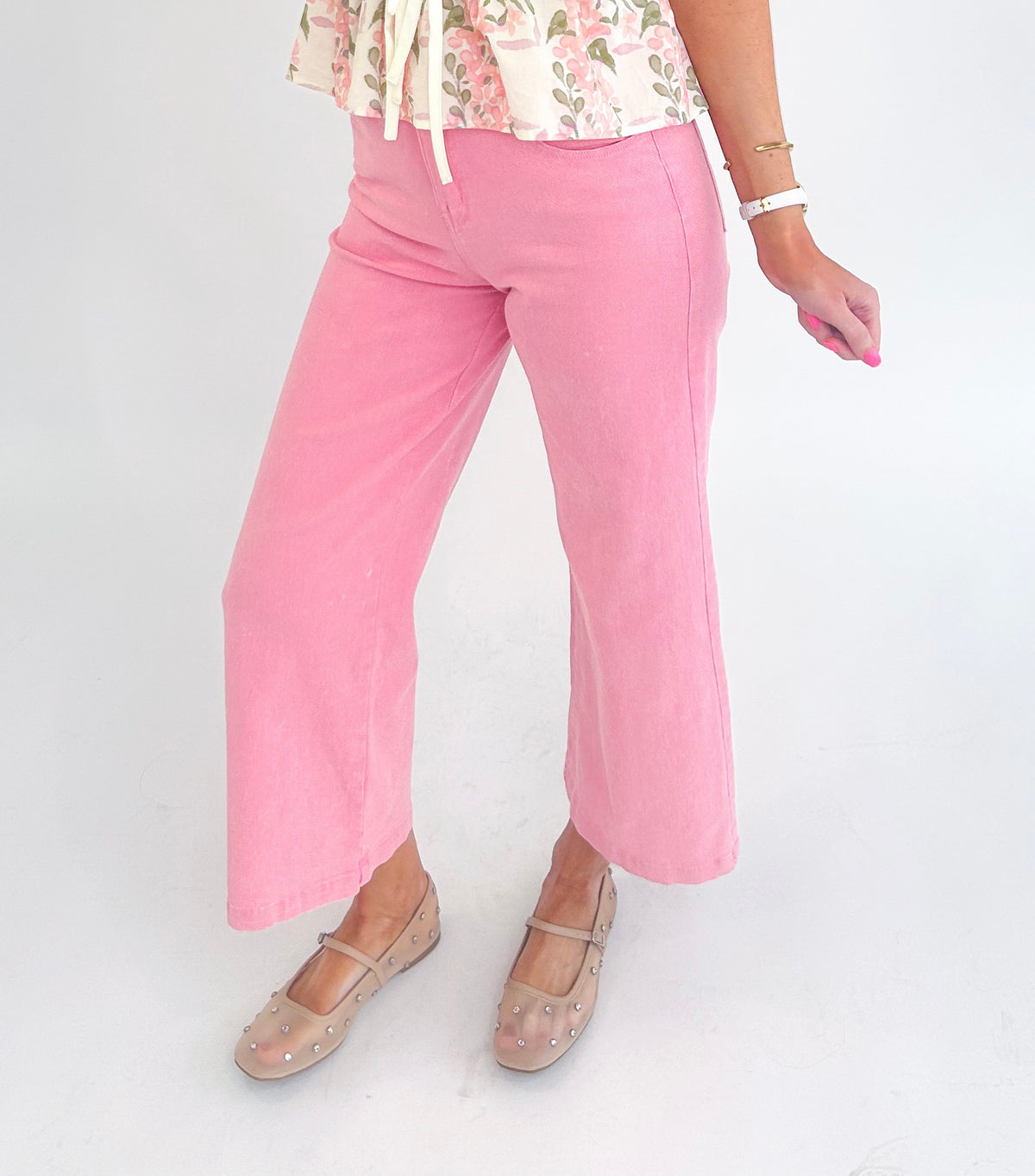 Jerica High Waisted Wide Leg Stretch Jeans (Light Pink)