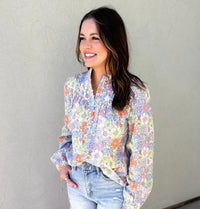 Dani Pintuck Floral Button Up Cotton Top