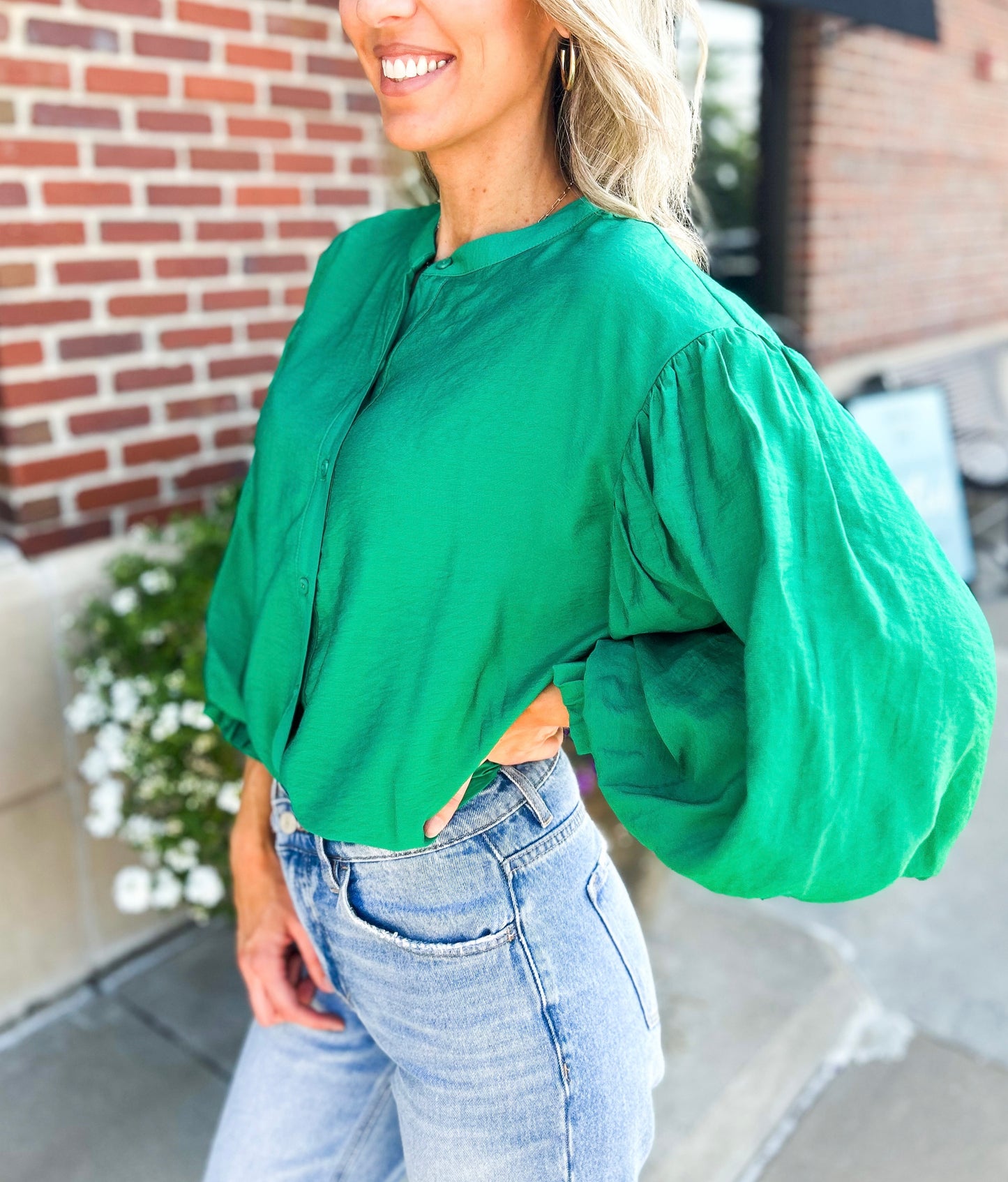 Mandy Bubble Sleeve Button Down Oversized Top (Kelly Green)