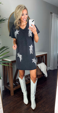 Falling Star Rhinestone Fringe Oversized T-Shirt Dress