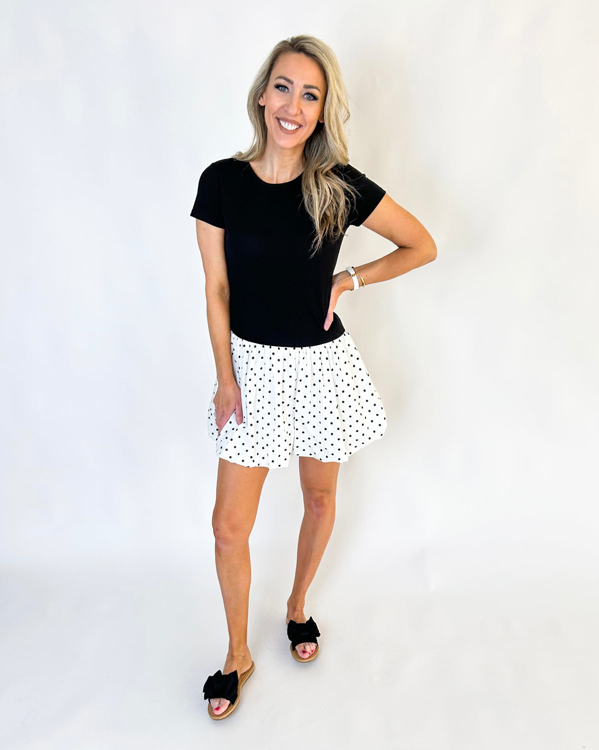 Kaytlin Solid Combo Polka Dot Bubble Hem Mini Dress