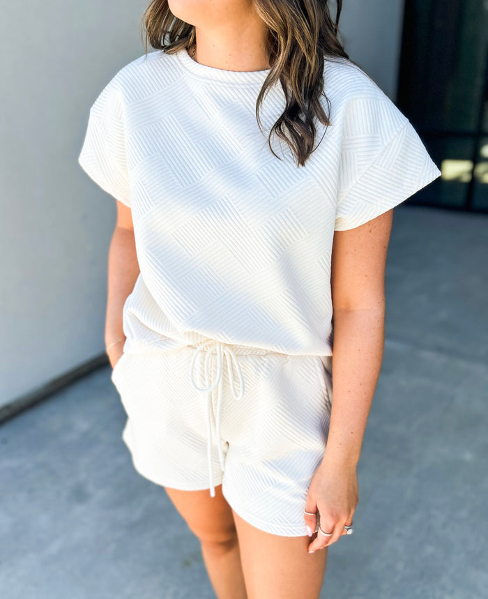 Mallorie Textured Oversized Short Sleeve Sweatshirt Top (Cream)