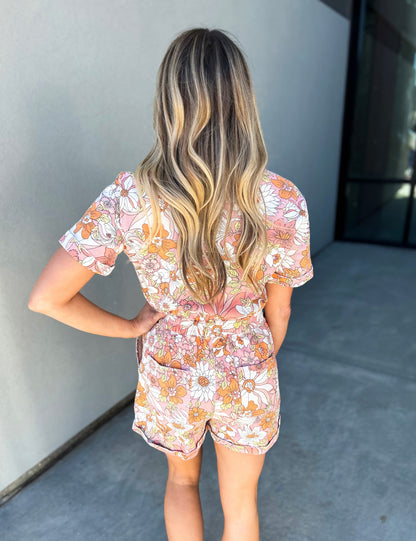 Helene Stretch Woven Twill Floral Romper (Apricot)