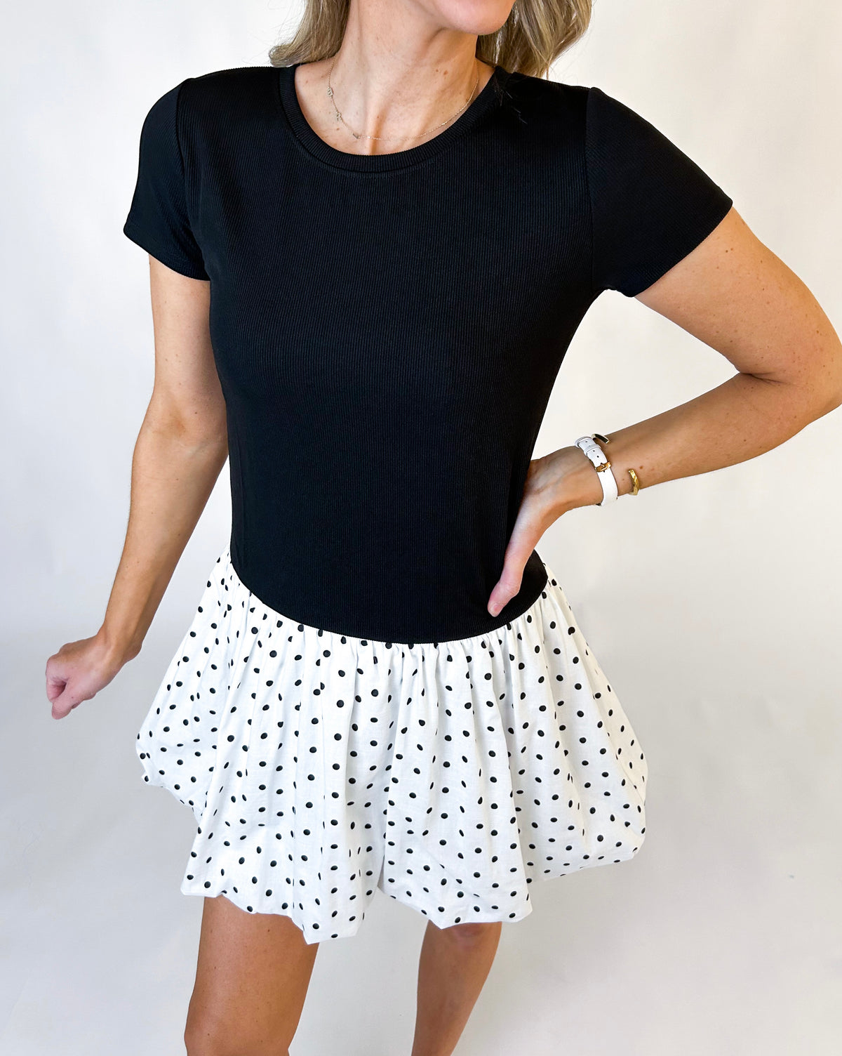 Kaytlin Solid Combo Polka Dot Bubble Hem Mini Dress