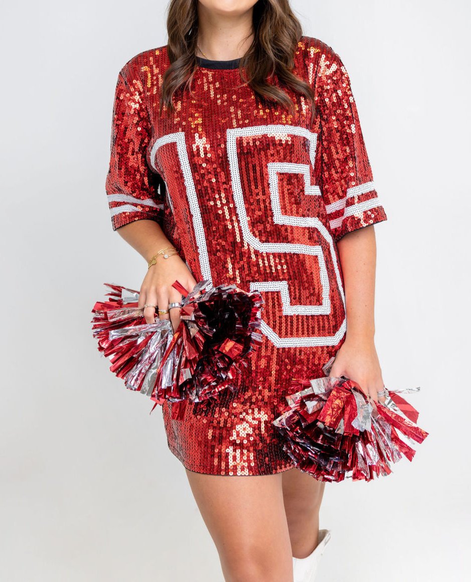 #15 Red Sequin Jersey TShirt Dress