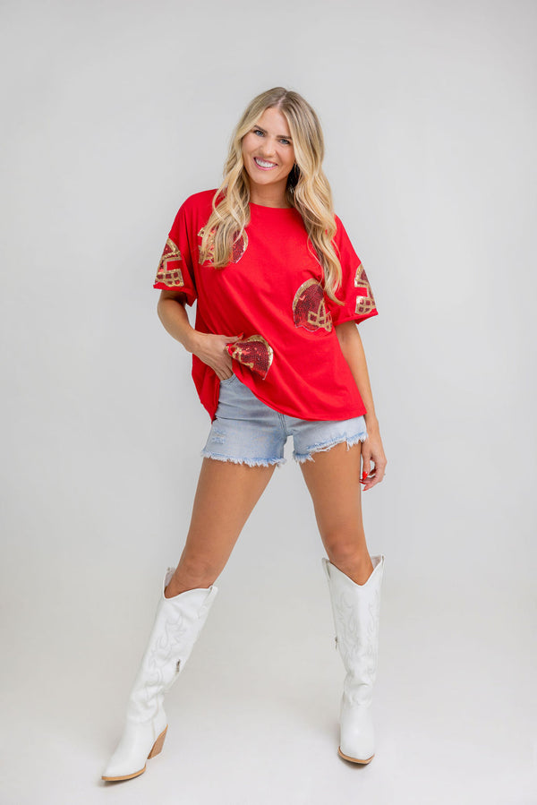 Sequin Helmet Oversized T-Shirt (Red/Gold)