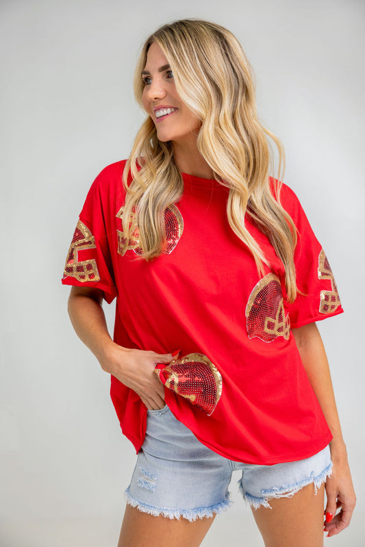 Sequin Helmet Oversized T-Shirt (Red/Gold)